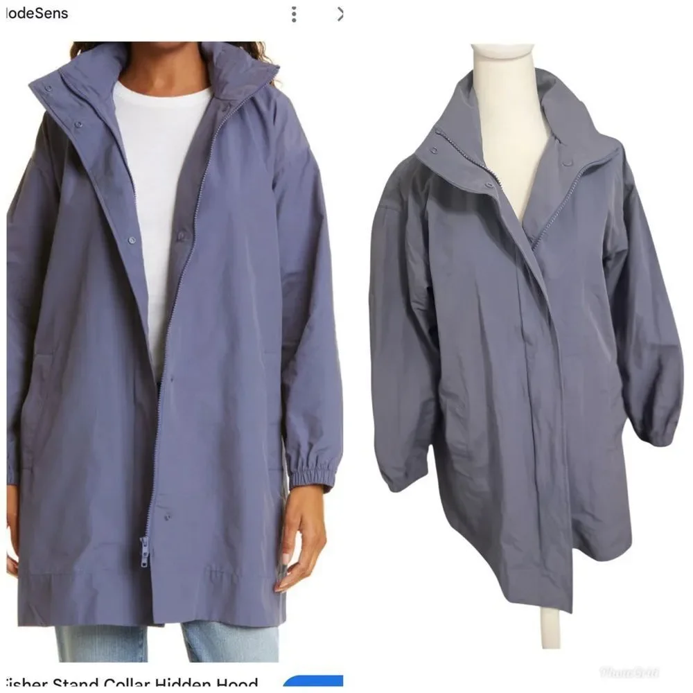 Eileen Fisher Stand Collar Hidden Hood Organic Cotton Blend Coat In Twilight Xs - Picture 1 of 14